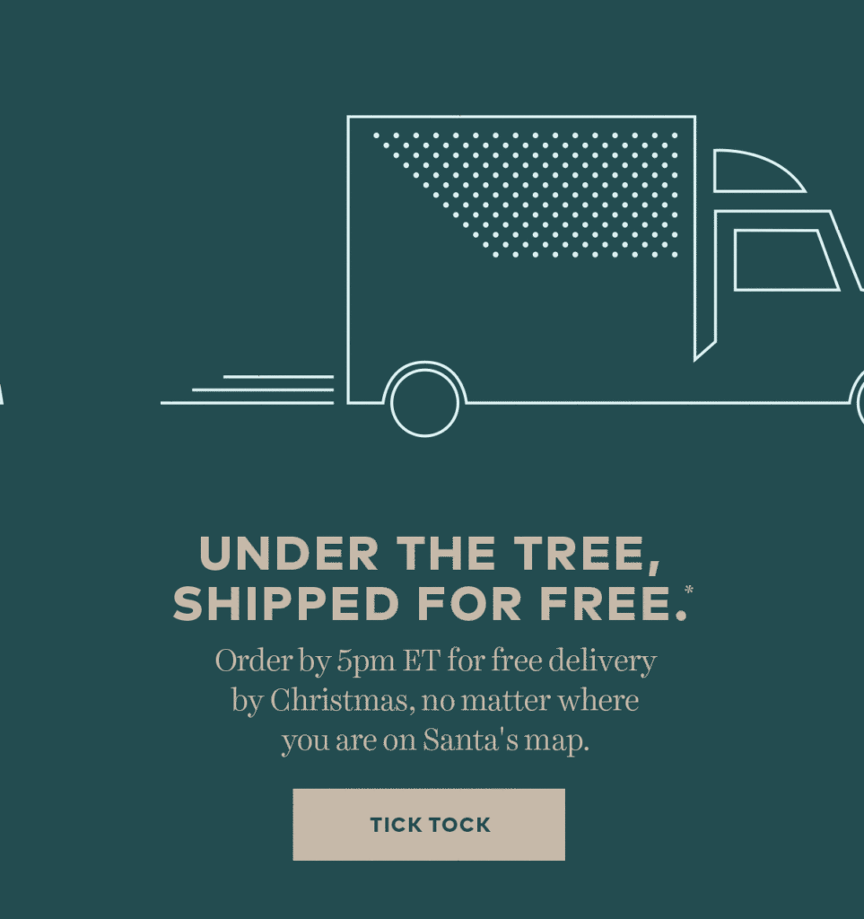 Under the tree, shipped for free. Bonobos Chritmas email example