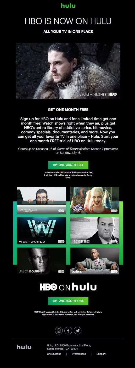 HBO is now on Hulu announcement email design sample