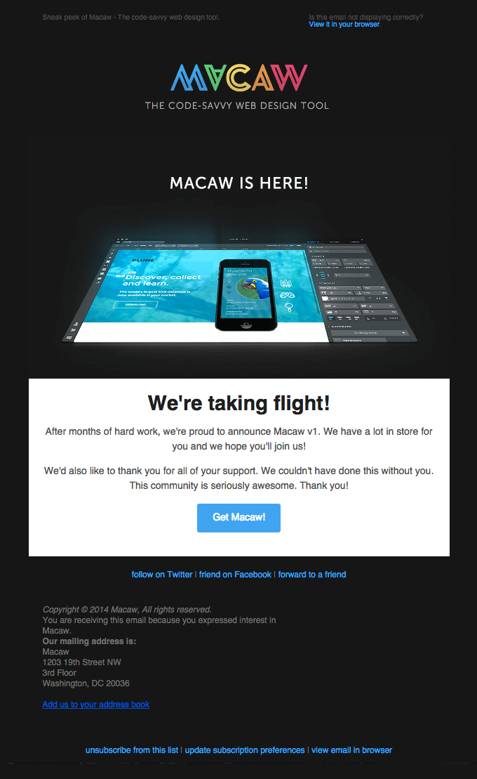 MACAW IS HERE! website release email example