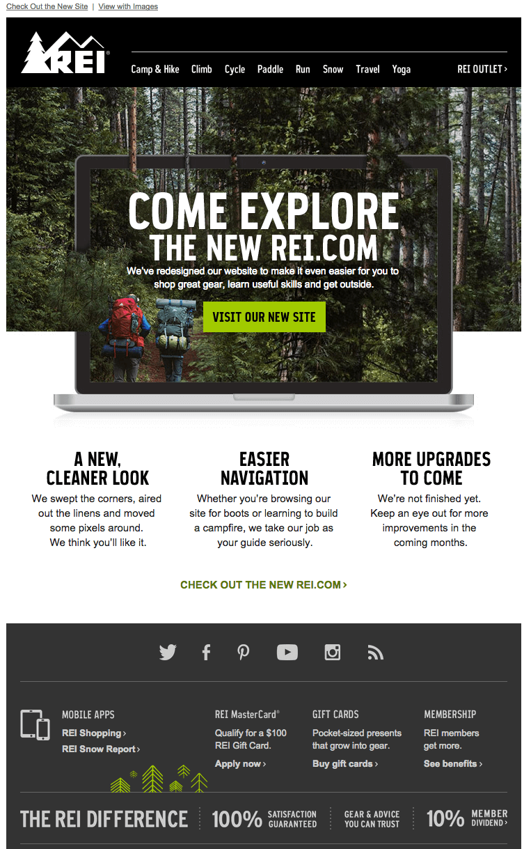 Come explore the new Rei.com new website launch email example