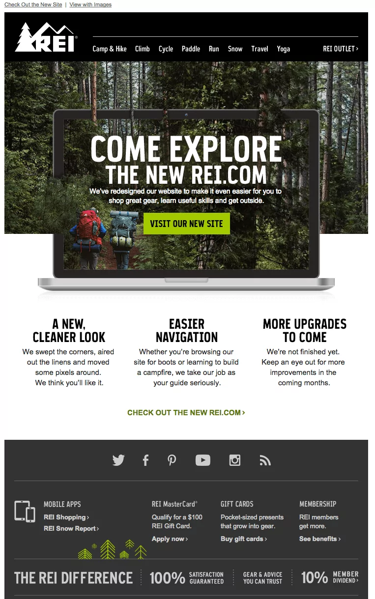 Come explore the new Rei.com new website launch email example