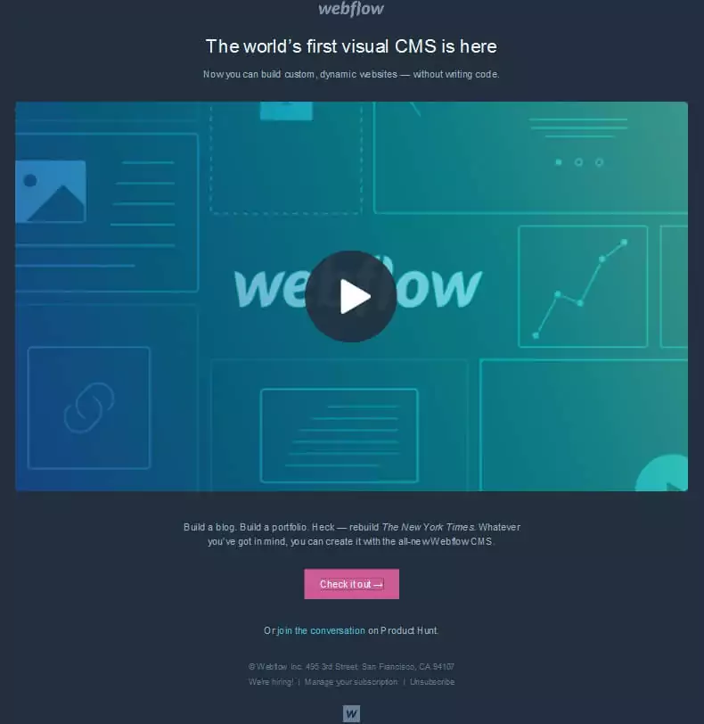The world's first visual CMS is here launch email from Webflow