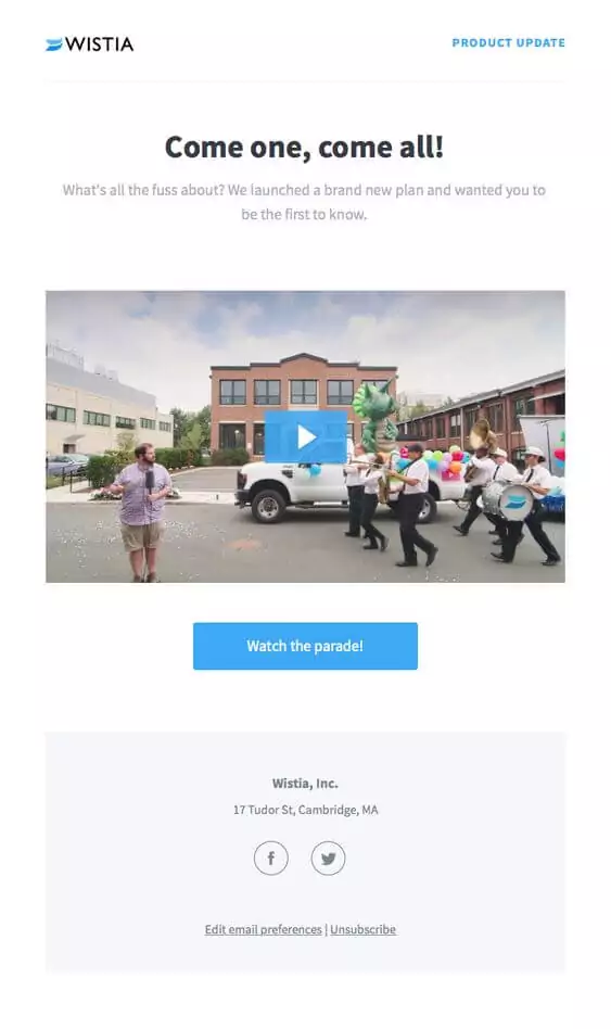 Come one, come all! Product launch email sample from Wistia