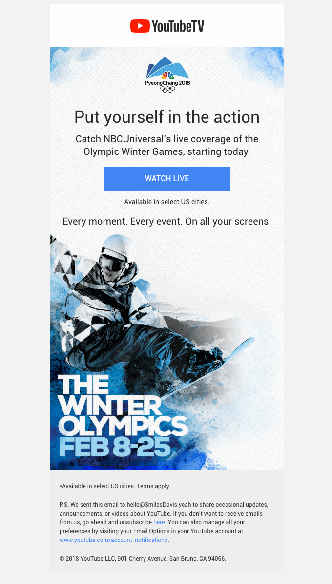 Put yourself in the action Youtube announcement email for The Winter Olympics