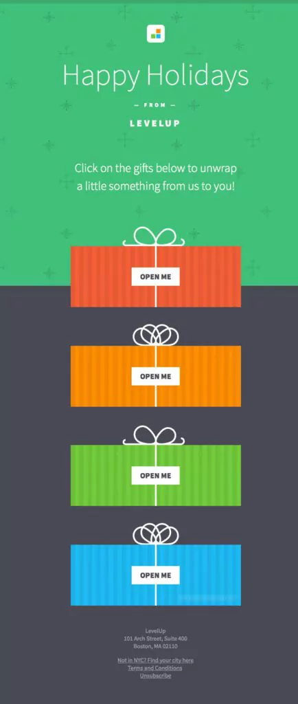 Happy Holidays from LevelUp, gift email template example