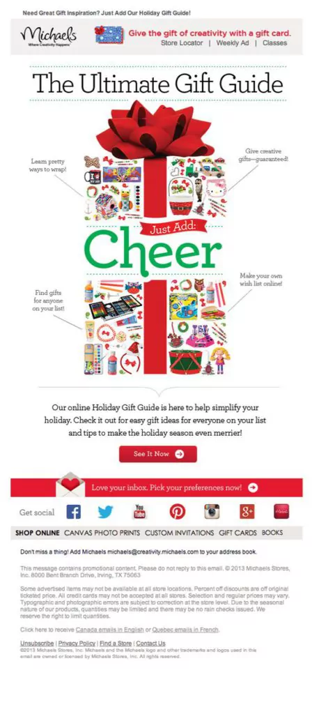 The Ultimate Gift Guide, Michaels Christmas email newsletter 