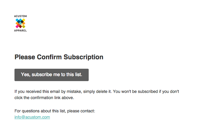 Acustom Apparel subscription confirmation email example