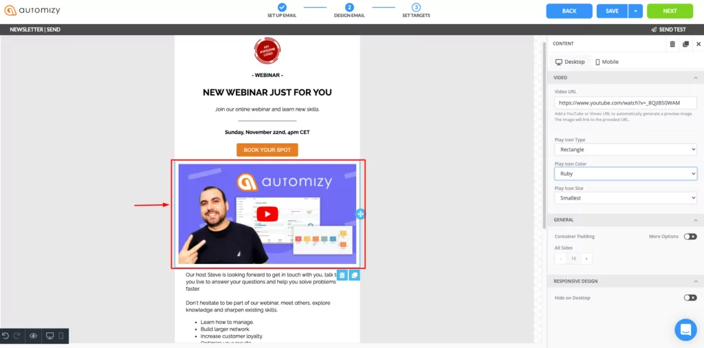 How to add a video in an announcement email campaign using Automizy