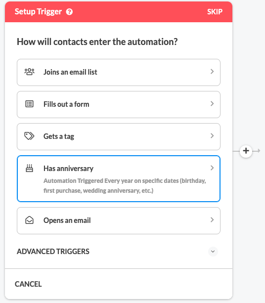 Automizy anniversary trigger for automated campaigns