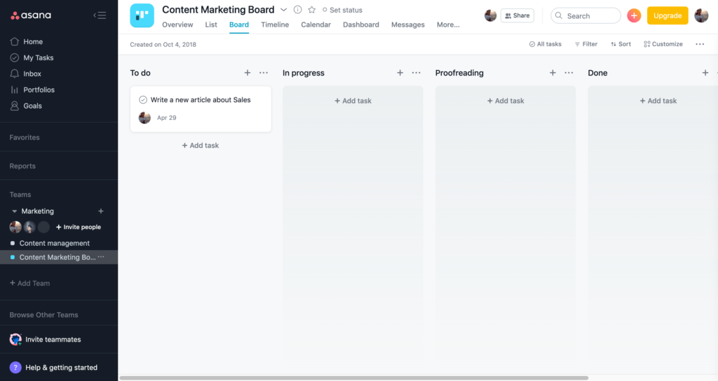 Asana marketing board example for SaaS marketing teams