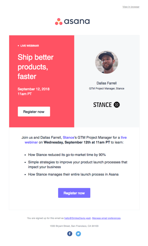 Asana webinar email reminder design