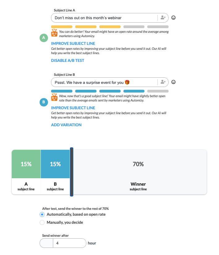 AB testing subject line variation in Automizy to send the best-performing one to contacts