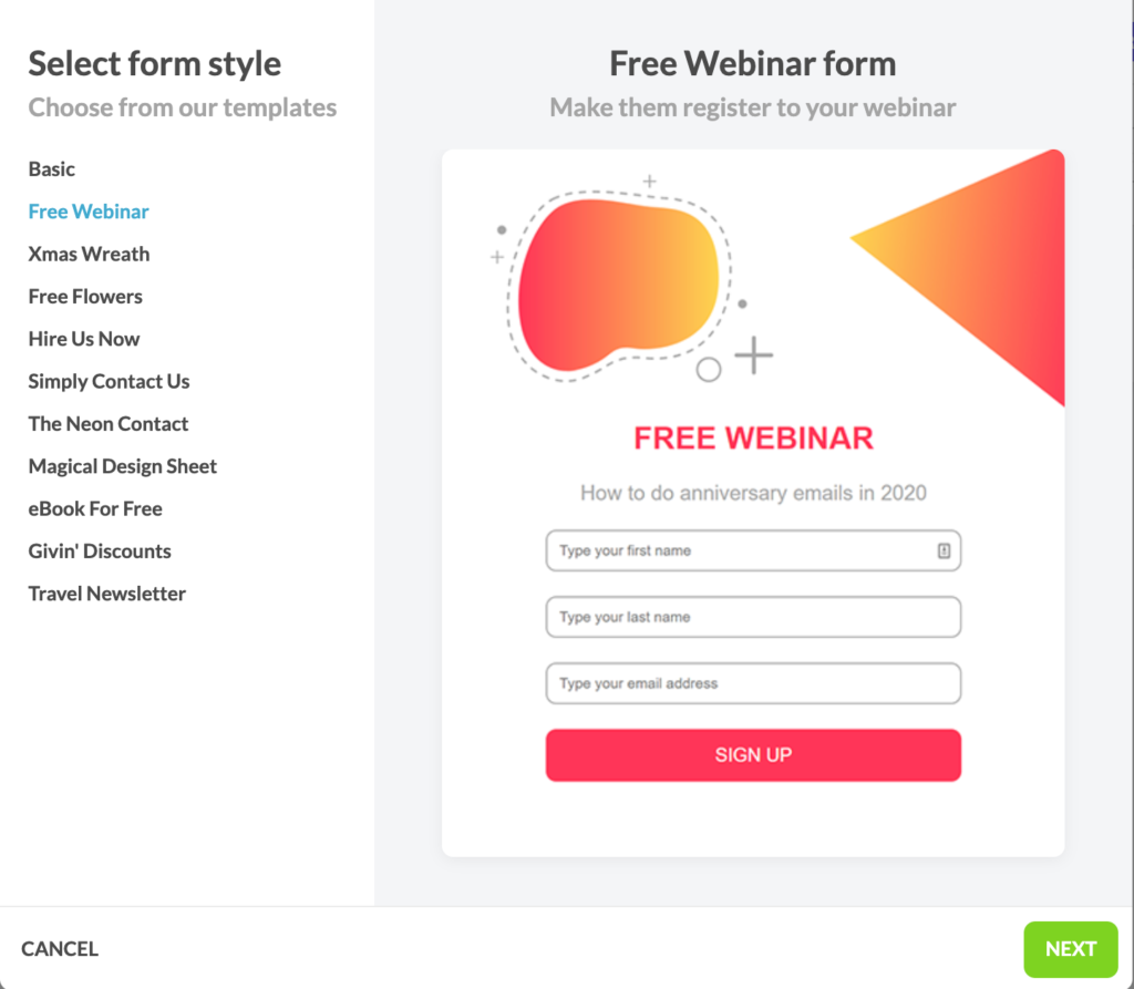 Sign up form templates in Automizy that can be easily customized