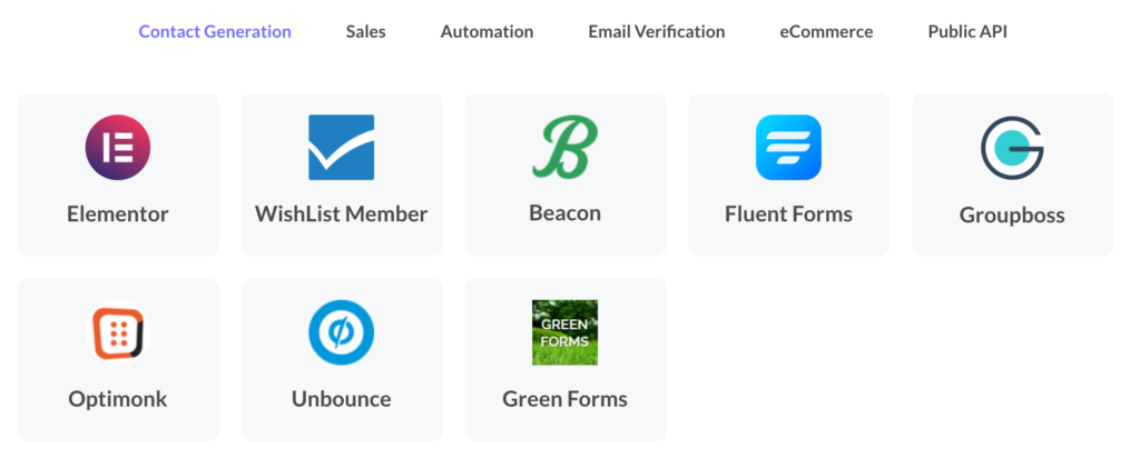 The list of lead generation integrations available in Automizy