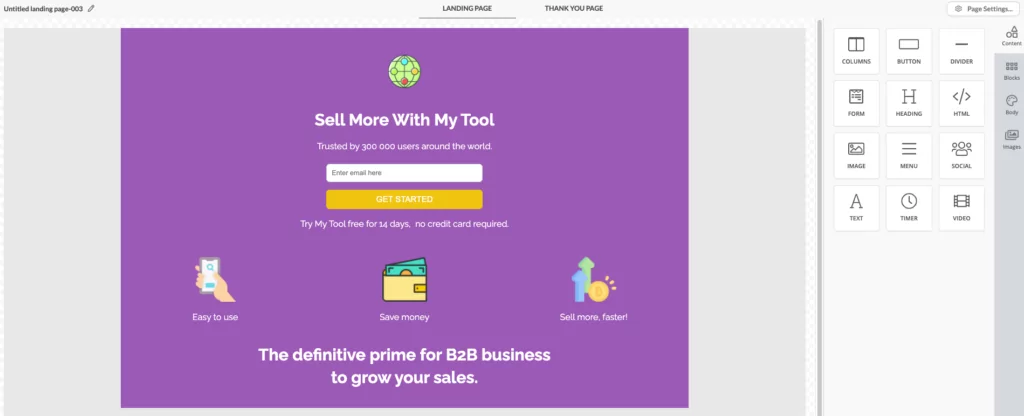 Automizy's landing page builder for B2B business to grow a contact list with responsive landing page templates