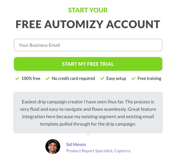 Automizy trial users' lead generation form example