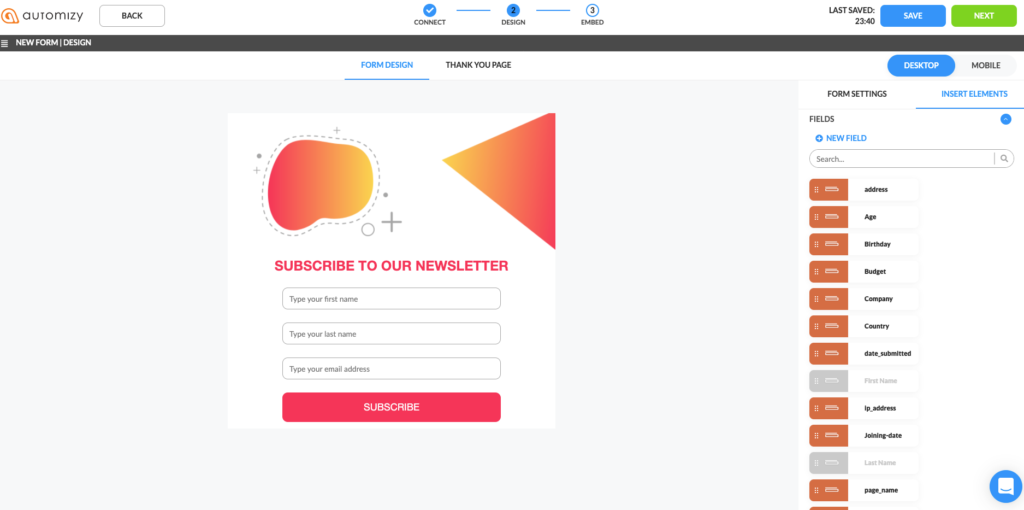 Subscription form template in Automizy