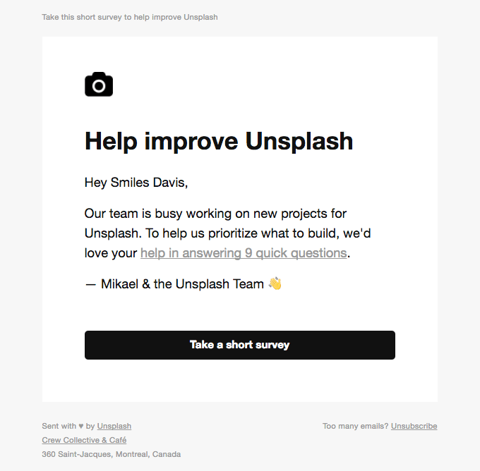Unsplash feedback email template