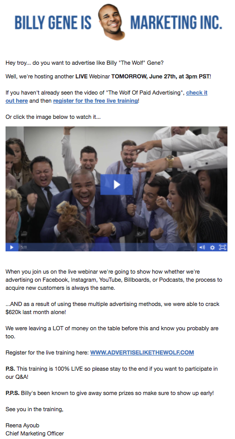 Billy Gene webinar email invitation with video example