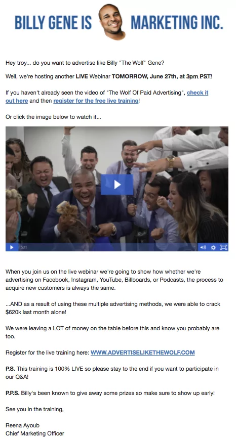 Billy Gene webinar email invitation with video example