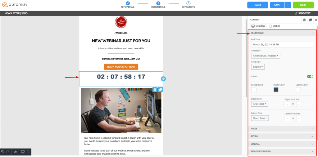 Countdown timer in email campaign created in Automizy email software