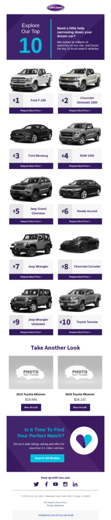 Car dealership email newsletter design featuring multiple products