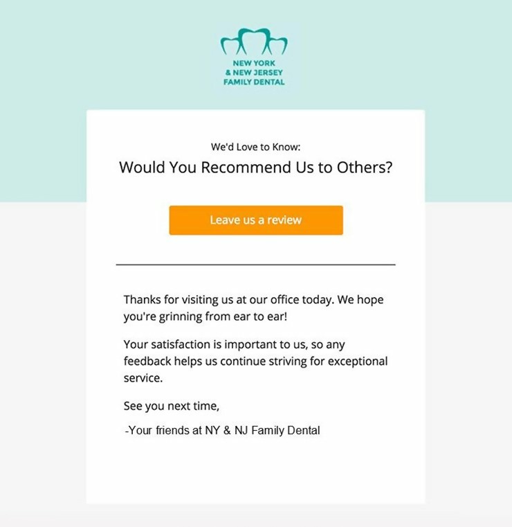 Dentist email example to ask patients to leave a review to create social proofing