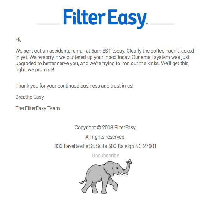 Filtereasy apology email sample