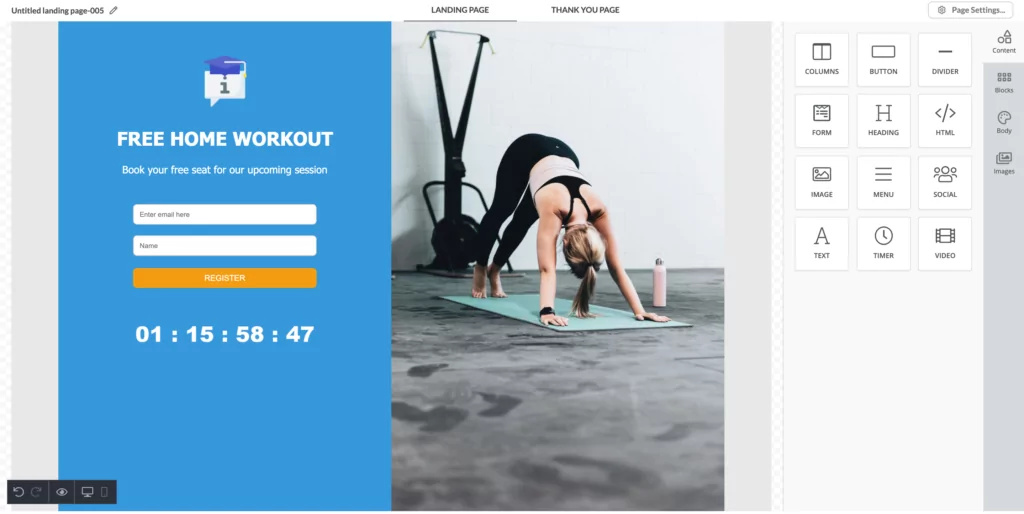 Fitness landing page example in Automizy