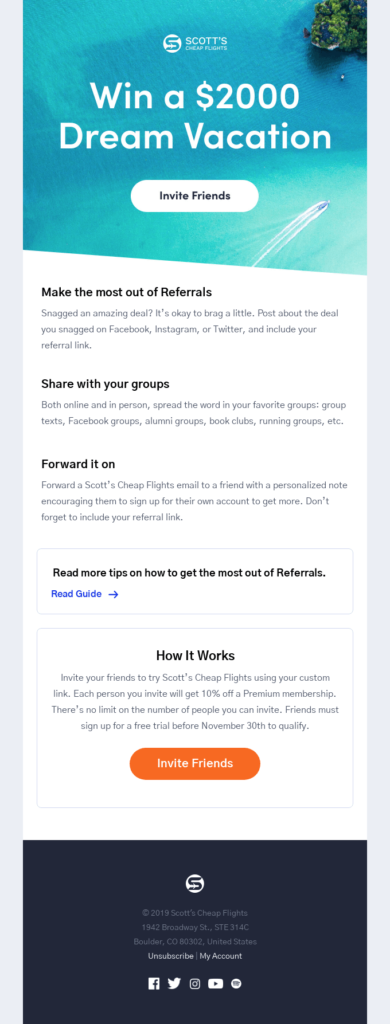 Referral email example with a generous reward