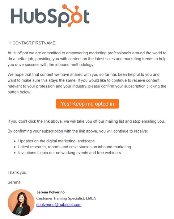 Hubspot B2B re-engagement email example