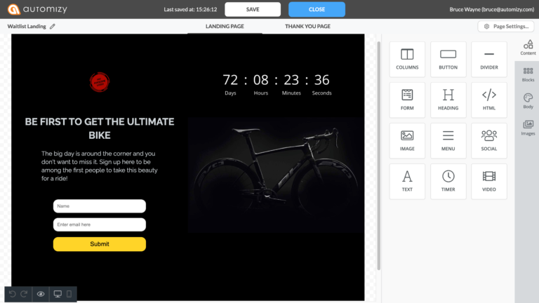 Screenshot of the landing page builder in Automizy