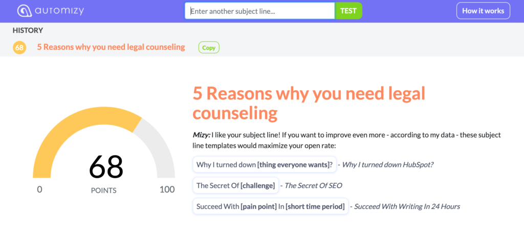 Email subject line tester for attorneys and law firms
