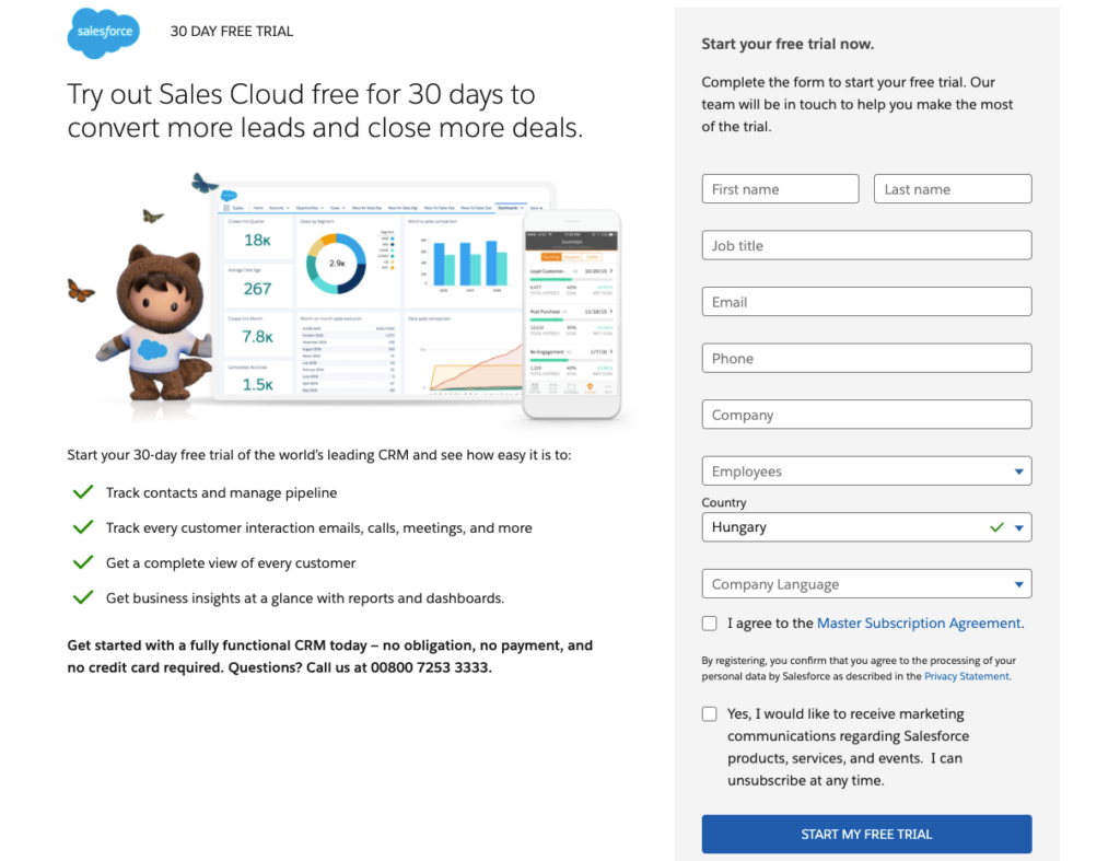 Long SaaS sign up form example from Salesforce