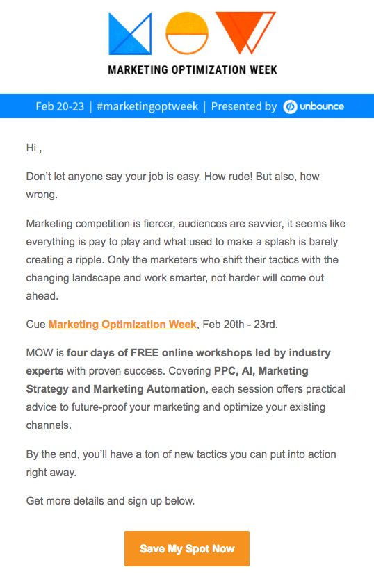 Unbounce webinar email sample