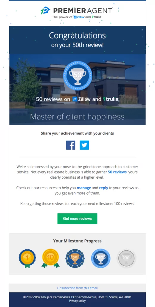 Gamified real estate email idea to increase engagement for users with milestones achieved