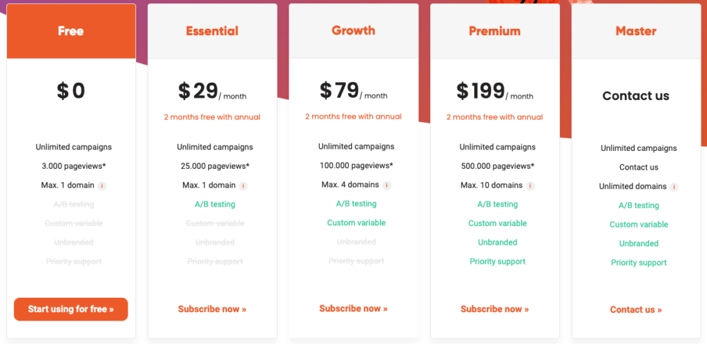 OptiMonk pricing table