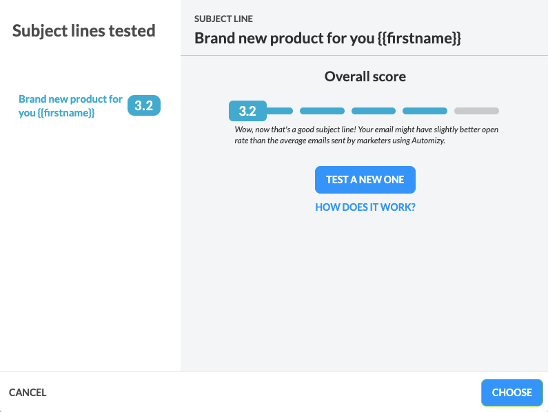 Overall score in subject line testing in Automizy 