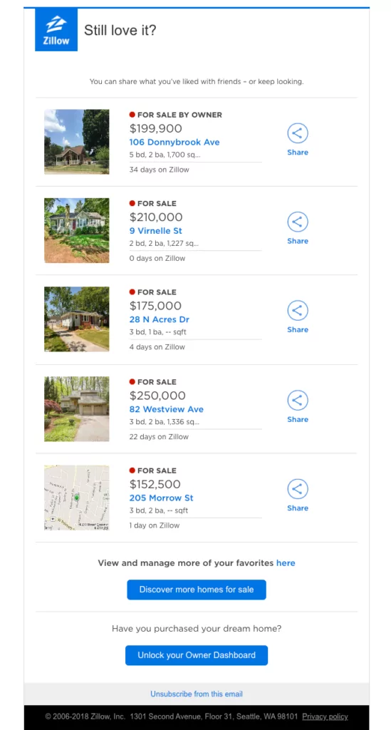 Personalized real estate email example with listings that matches user interests