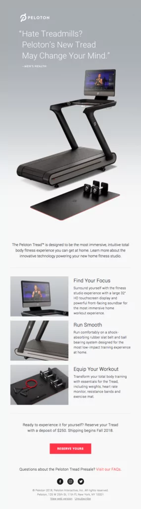 Peloton fitness product announcement email template