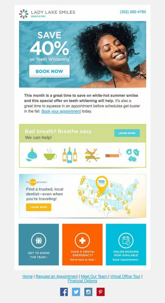 Promotional dental email example to promote a discount