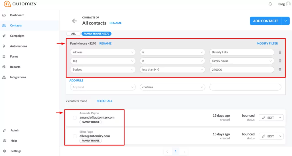 Contact management for realtors inside Automizy email software