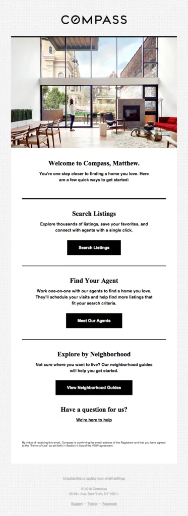 Real estate email design send as a welcome email to onboard new users and share important steps to complete