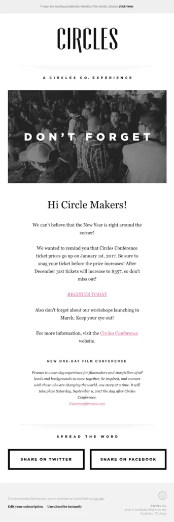 Circles event reminder message to motivate social media interactions for their event