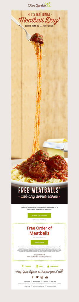 "It's national meatball day" Olive garden restaurant email design