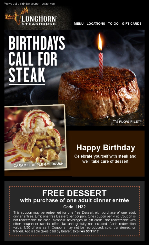 Longhorn steakhouse "birthdays call for steak" birthday email newsletter design