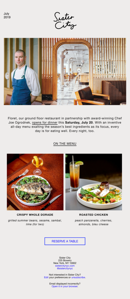 Sister City Chef and menu introduction email sample