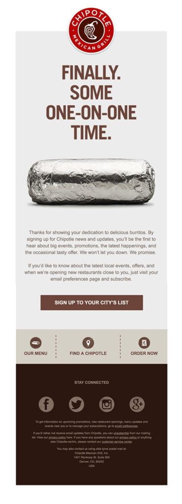 Chipotle "finally some one-on-one time" restaurant customer appreciation email sample