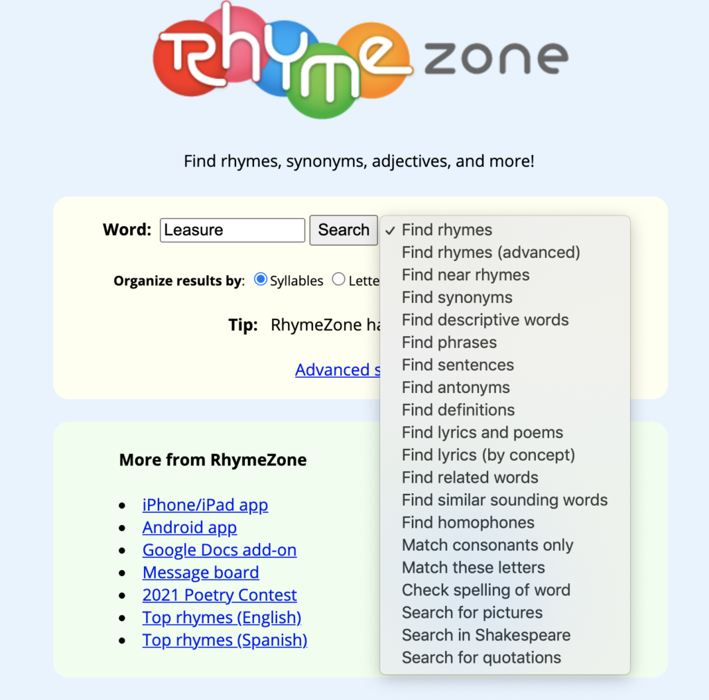 an awesome copywriting tool to help writers find rhymes 