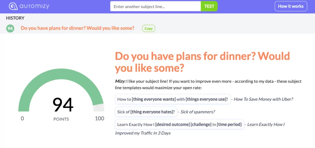 Subject line tester in Automizy to score email subject lines